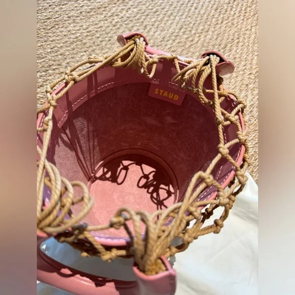 Staud Moreau Macrame and Leather Bucket Bag Pink